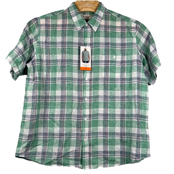Weatherproof Men's NWT XXL Washable Linen Green‎ Blue Plaid Short Sleeve Shirt - Picture 2 of 5